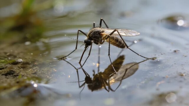 Mosquito standing on surface of stagnant water in natural environment, close-up of disease vector insect in wet habitat highlighting health risk, ecology and environmental conditions.
