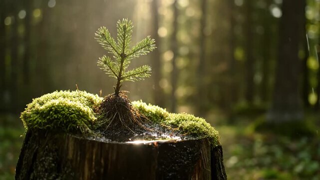 A tiny evergreen seedling thrives on a moss-covered tree stump, receiving water in a radiant forest setting. Symbolizes growth, renewal, and environmental care.