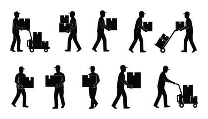 Fototapeta premium Warehouse Worker and Package Handling Silhouette Set, Logistics and Cargo Transport Icons