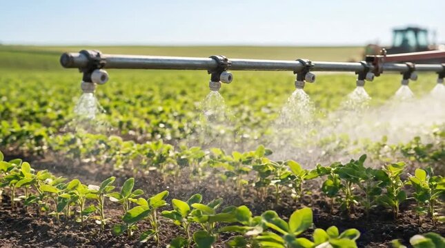 Irrigation sprayer bar watering young crops in agricultural field, precision farming equipment supporting plant growth, resource management and modern food production.