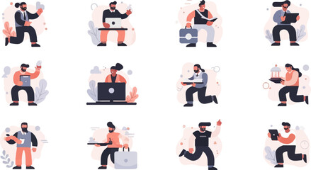 Fototapeta premium Diverse individuals engaged in various activities, holding devices and objects