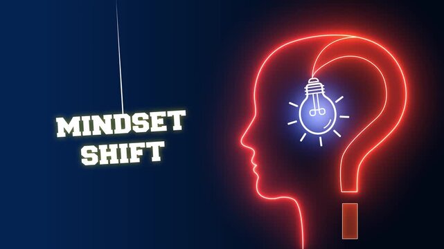 Transformative mindset shift text sign on a red neon background with a glowing human head profile and light bulb for personal growth and evolution