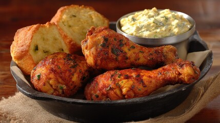 Crispy Fried Chicken Legs Served with Buttery Cornbread Muffins and Savory Side Dish on a Rustic Wooden Table