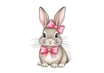 Obraz premium Cute cartoon bunny with pink bow isolated on transparent background