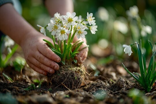 Child's hands nurturing white flowers in soil highlights youth engagement in outdoor gardening and environmental education