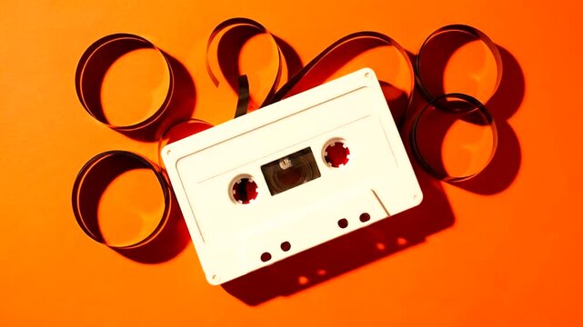 Vintage cassette tape on orange background.