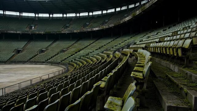 Overgrown Abandoned Stadium Seating Rows With Moss and Overgrowth Under Gloomy Overcast Sky