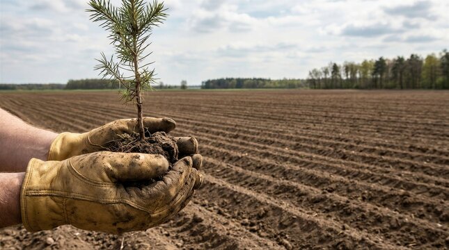 Man wearing gloves holding small pine seedling in hands over ploughed field. Reforestation and environmental protection concept. Planting tree in spring during agriculture work outdoors.