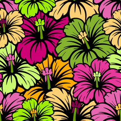 Seamless tropical hibiscus pattern on black background. Bright neon floral wallpaper for summer fashion and textile design. Exotic botanical illustration with colorful flowers. © Vitalii_ART