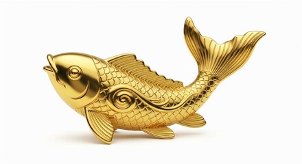 Fototapeta premium A golden koi fish statue leaping over sculpted waves, isolated on a white background, representing prosperity, success, and traditional Asian mythology