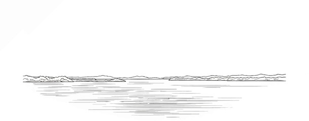 Stylized ink drawing of a calm bay with distant islands and mountains under a clear sky
