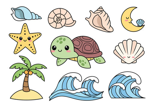 Cute Kawaii Summer Beach and Ocean Elements Vector Set with Sea Turtle, Starfish, Seashells, Palm Tree, Waves, and Sleeping Moon for Kids Designs