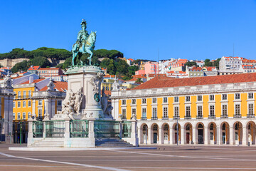 Lisbon, Portugal. Commerce Square or Praça do Comércio with statue of Dom José I, King on horse.