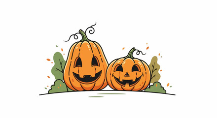 Two smiling carved pumpkins with autumn leaves and vines against white background