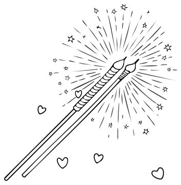 Hand-drawn illustration of two sparklers igniting with radiating light and stars, accompanied by small hearts.