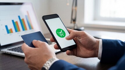 Executive hands completing purchase office environment close-up action digital payment professional context