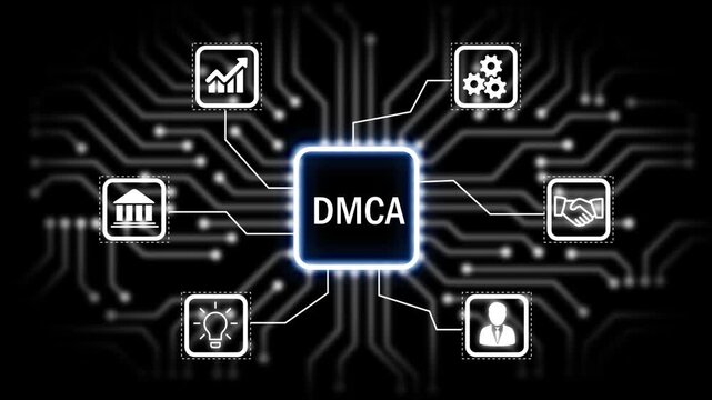 DMCA technology, business concept with glowing circuit board and icons for ideas gears communication growth and partnership .4k animation 