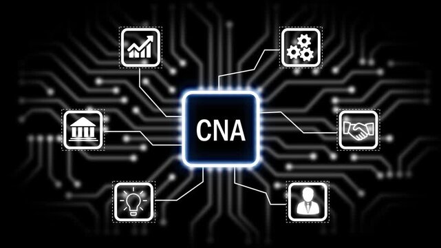 CNA technology, business concept with glowing circuit board and icons for ideas gears communication growth and partnership .4k animation 
