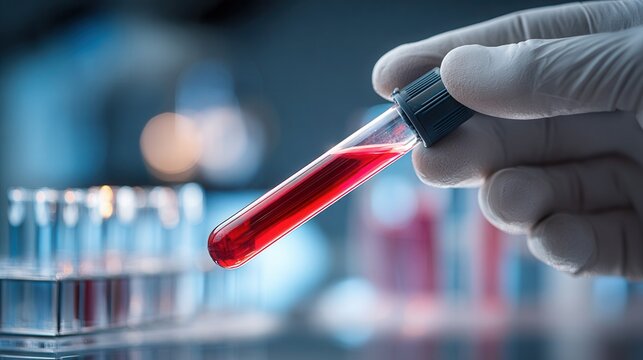extreme close-up of a medical lab technician holding a blood sample tube, shallow depth of field emphasizing tube details, glass reflections, and hand texture