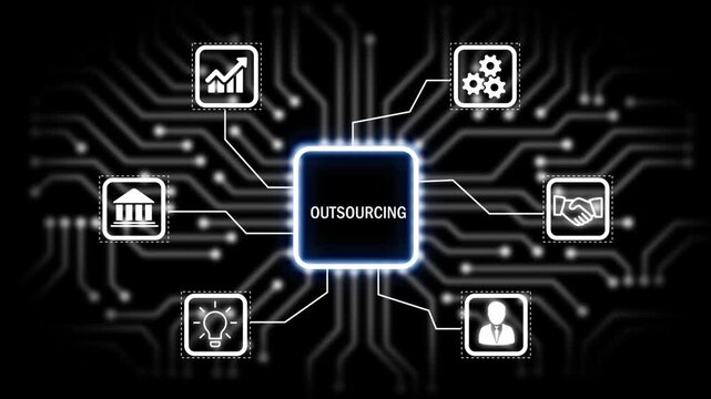 outsourcing technology, business concept with glowing circuit board and icons for ideas gears communication growth and partnership .4k animation 