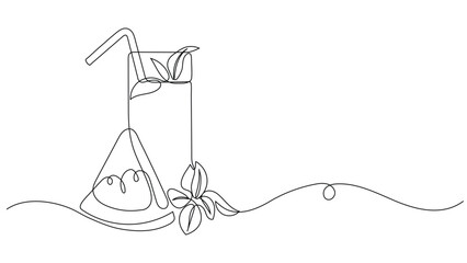 Continuous One Line Drawing of Fresh Watermelon Juice Glass with Straw and Mint, Editable Stroke  © Walija