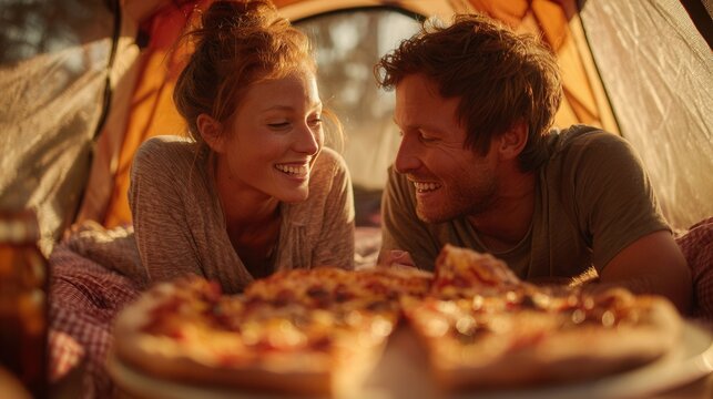 happy couple relaxing inside a camping tent, enjoying fresh pizza together, warm natural sunlight streaming through tent fabric, shallow depth of field emphasizing couple&acirc;&euro;&trade;s joyful expression