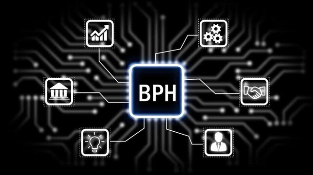 BPH technology, business concept with glowing circuit board and icons for ideas gears communication growth and partnership .4k animation 