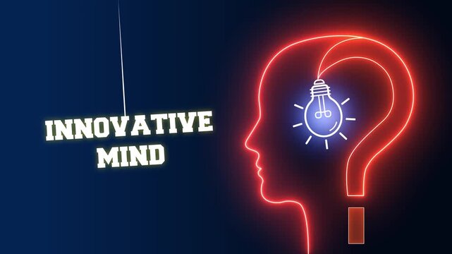 Innovative mind text sign swinging on a red neon background with a glowing human head profile and light bulb for genius creative thinking