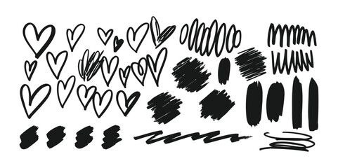 Collection of black hand drawn heart shapes and various brush strokes on a white background for artistic design © RowshonAra