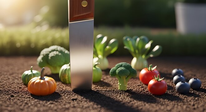 Mini vegetables with big knife.