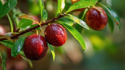 Obraz premium Natural outdoor shot of jujube fruits clustered on a branch with soft background blur