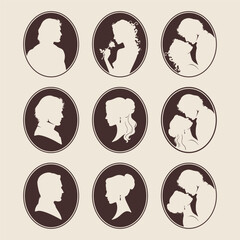 Vintage Cameo Silhouette Collection Romantic Victorian Portraits and Couples in Oval Frames Vector Illustration © croisy