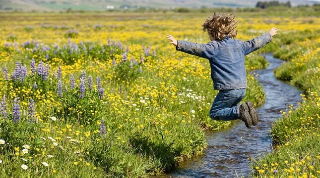 Child jumping over a small stream in a meadow. Boy playing in a field of yellow and purple flowers during spring. Active kid exploring nature, healthy lifestyle and carefree childhood.
