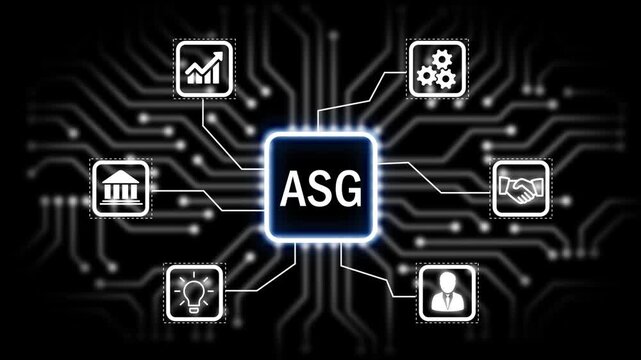 ASG concept with icons and circuit board pattern Keywords. startup, business, global, world, earth, planet, finance, money, investment, banking, growth.4K