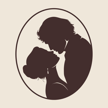 Romantic Couple Silhouette in Vintage Cameo Style Vector Illustration