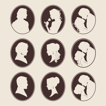 Vintage Cameo Silhouette Collection Romantic Victorian Portraits and Couples in Oval Frames Vector Illustration