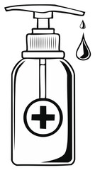Obraz premium Hand sanitizer pump bottle with a drop of liquid falling from the nozzle, featuring a medical cross icon.