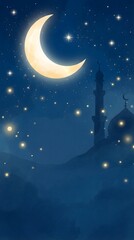 Naklejka premium Elegant Islamic Background Crescent Moon, Lanterns and Arabic Ornamental Patterns for Ramadan, Eid, Dua and Friday Greetings