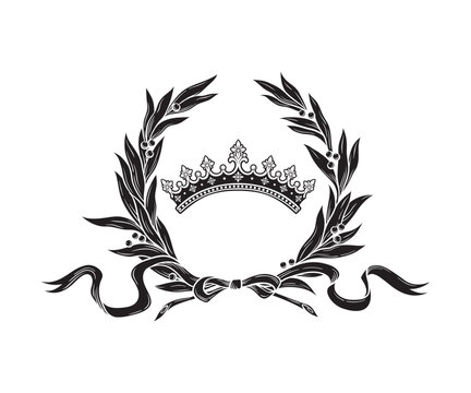 Hand drawn royal crown and laurel wreath vintage line art tattoo vector illustration isolated