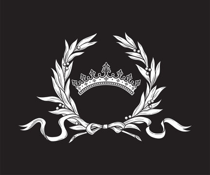 Hand drawn royal crown and laurel wreath vintage line art tattoo vector illustration isolated