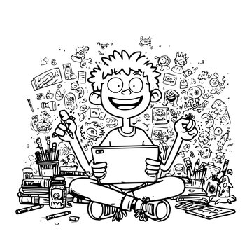 Happy Boy Sitting with Tablet and Pens surrounded by Doodles