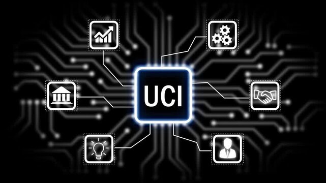 UCI concept with icons and circuit board pattern Keywords. startup, business, global, world, earth, planet, finance, money, investment, banking, growth.4K
