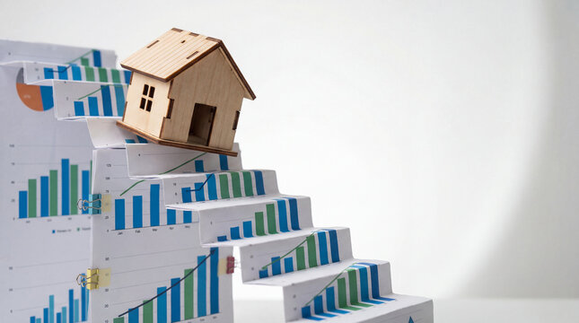 Miniature house on a stack of financial charts illustrating a decline in the real estate market.