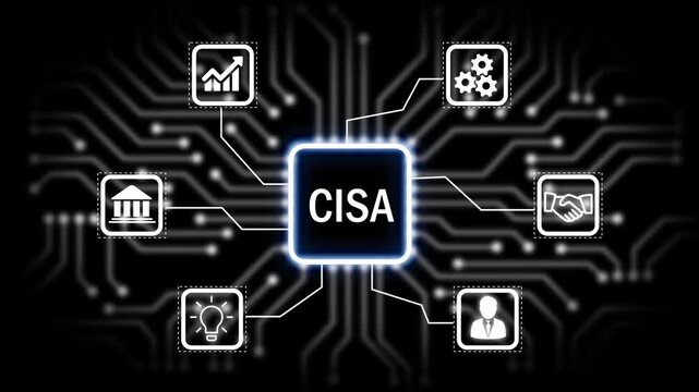 CISA concept with icons and circuit board pattern Keywords. startup, business, global, world, earth, planet, finance, money, investment, banking, growth.4K