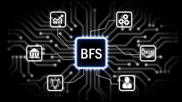 BFS concept with icons and circuit board pattern Keywords. startup, business, global, world, earth, planet, finance, money, investment, banking, growth.4K