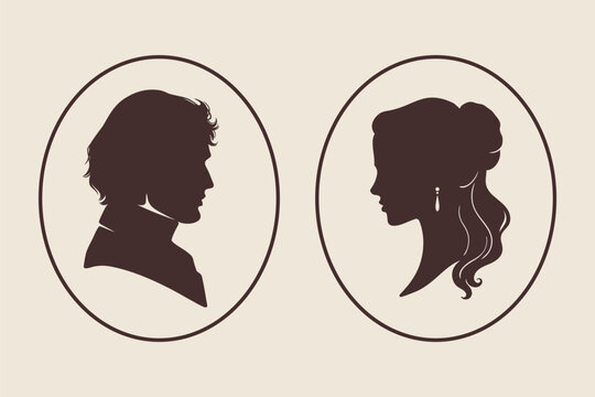 Romantic Couple Silhouette in Vintage Cameo Style Vector Illustration