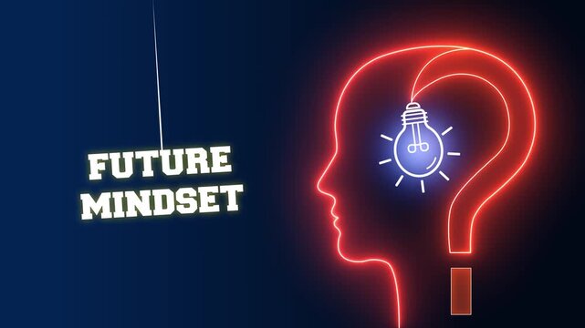 Forward-thinking future mindset text sign on a red neon background with a glowing human head profile and light bulb for growth and tech vision