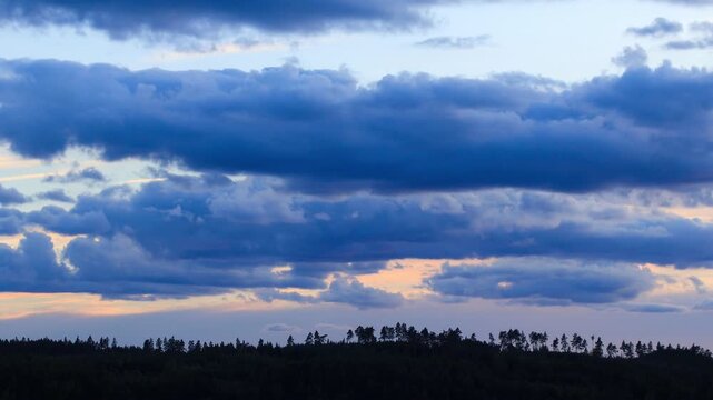 blushing clouds floating above the horizon with silhouettes of trees-Timelapse
