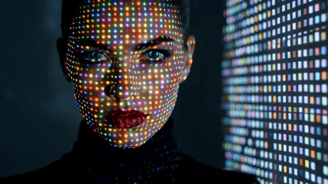 Woman face made of colorful pixels.