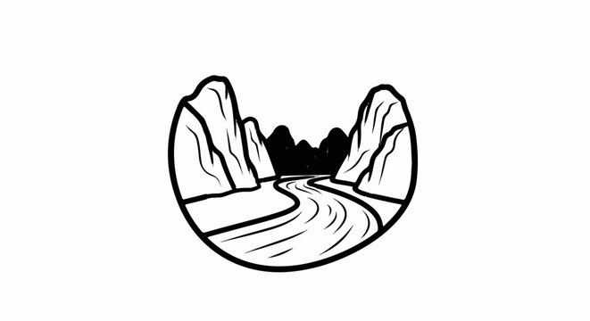 Stylized graphic of a winding river flowing through a canyon with distant peaks